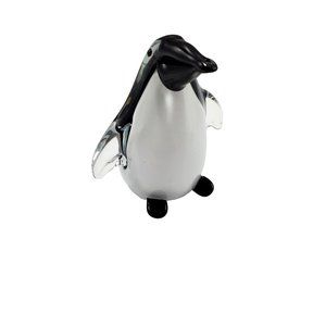Penguin Hand Blown Art Glass Paperweight Figurine Black White Clear Vintage